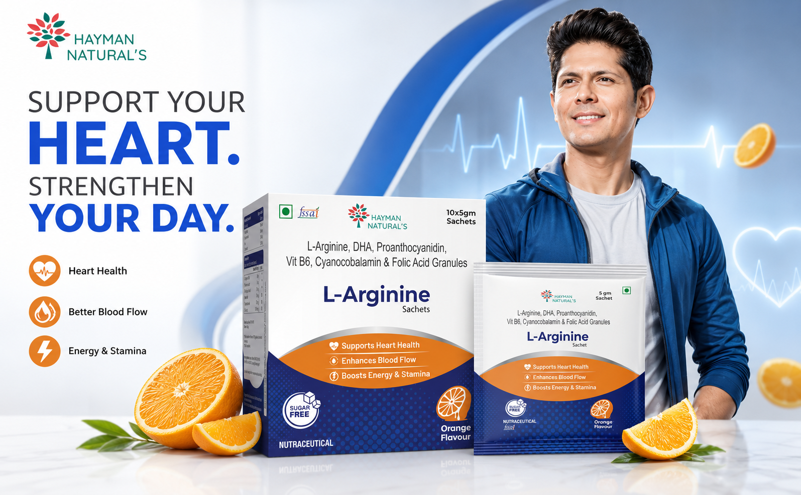Hayman Natural's L-Arginine Powder Sachets - Sugar Free, L-Arginine Supplement Powder for Pre-Workout, Muscle Recovery & Stamina for Men & Women, Orange Flavour, 5g, 10 Sachets