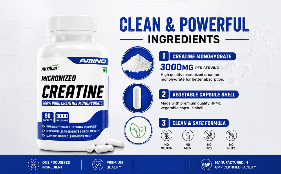 NutriJa Creatine Monohydrate 3000mg Capsules | Improves physical strength & endurance | Ideal Workout supplement | 180 Capsules