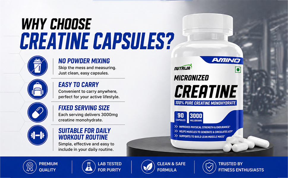 NutriJa Creatine Monohydrate 3000mg Capsules | Improves physical strength & endurance | Ideal Workout supplement | 180 Capsules