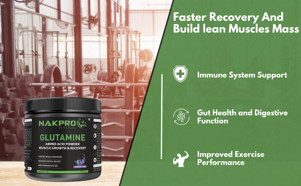 Nakpro L-Glutamine Powder - JAR | 4g Glutamine Per Serving, 50 Servings | Post Workout Amino Acid Protein Supplement for Muscle Growth and Recovery (Blueberry, 250g)