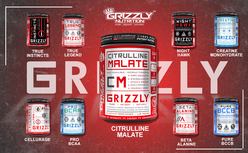 Grizzly Nutrition, Pure Citrulline Malate, no added flavor, color, True Athlete Professional Standard - Highly Bioavailable, Amino support, 200 grams 65 servings, Muscle vascularity