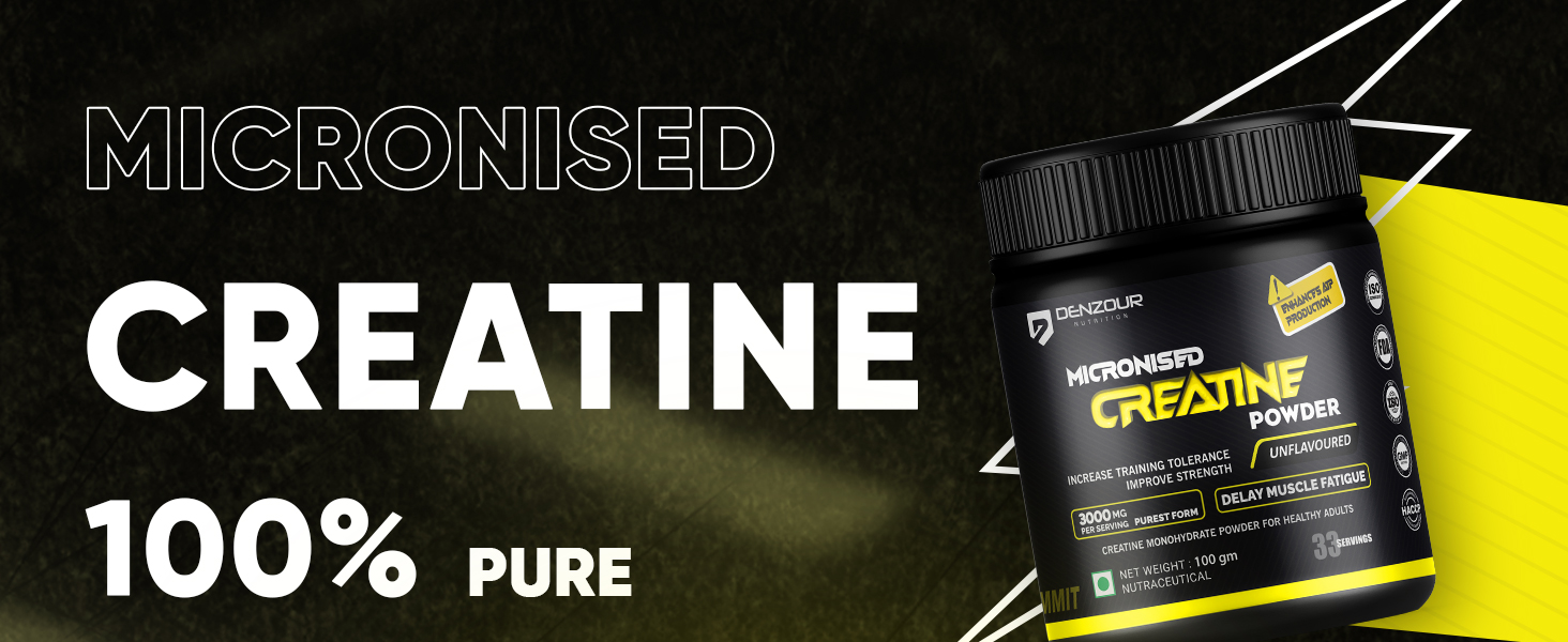 DENZOUR NUTRITION Pure Micronised Creatine Monohydrate Powder | Lab Tested | Fast Absorption | Enhance Strength, Fast Recovery & Increased Muscle | 3g Per Serve (122g, Fruit Punch)