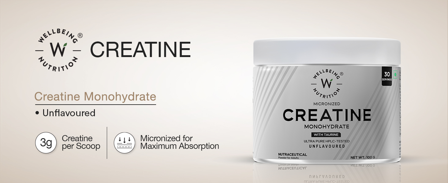 Wellbeing Nutrition Creatine Monohydrate Pure Micronised Powder | Rapid Absorption | Enhanced Muscle Strength, Performance, Recovery & Cognition | For Men & Women | Unflavoured 100g, 33 servings