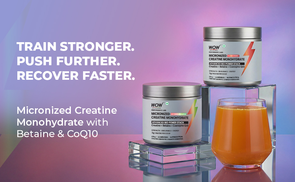 WOW Life Science Micronized Creatine Monohydrate Powder – ADVANCED BIO‑POWER STACK | 3g Creatine per Scoop with Betaine & Coenzyme Q10 | Strength, Power & Lean Muscle Support | No Bloat Formula | No Added Sugar | Great Tasting | For Men & Women | 135g (33 Servings) | Watermelon