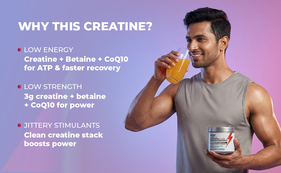 WOW Life Science Creatine Monohydrate Powder | 3g Creatine with Betaine & CoQ10 | Daily Strength & Muscle Support | No Added Sugar | 135g | Great Tasting | Unisex | Watermelon & Orange Combo Pack