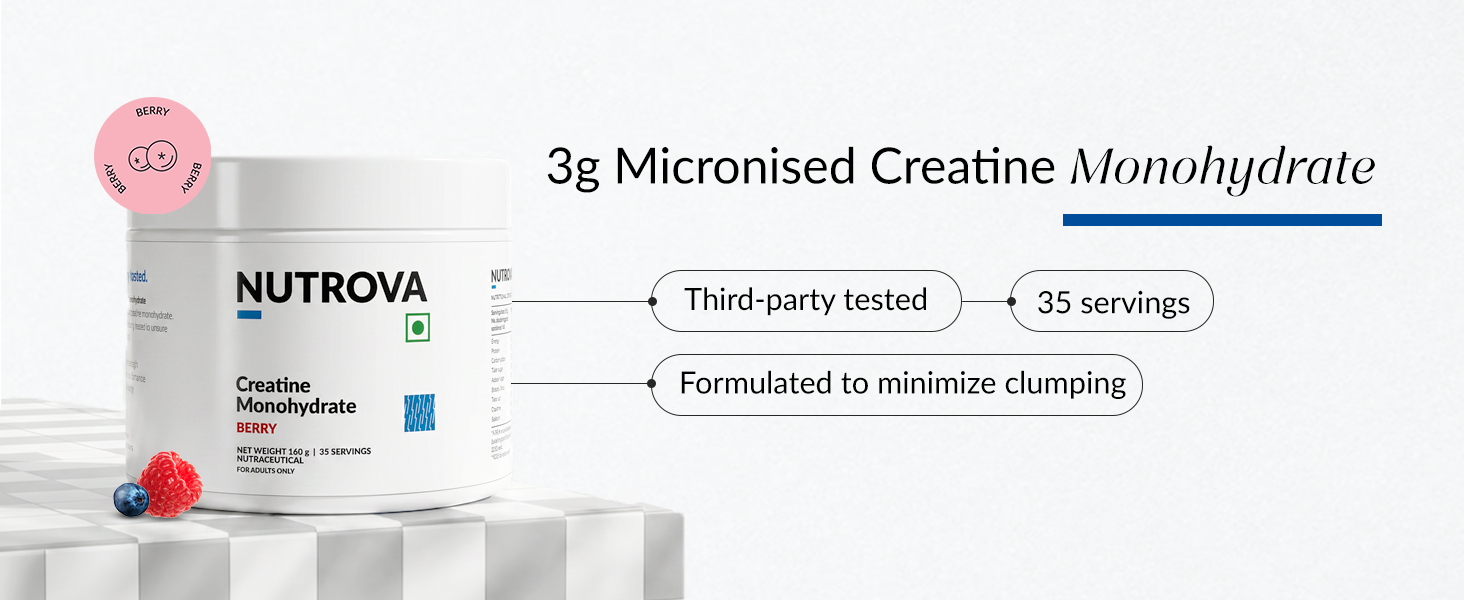 NUTROVA Creatine Monohydrate (Berry) | 100% Micronised | Third-Party Tested | Supports Strength, Lean Mass & Brain Energy | 0 Calories | 35 Servings | 160g