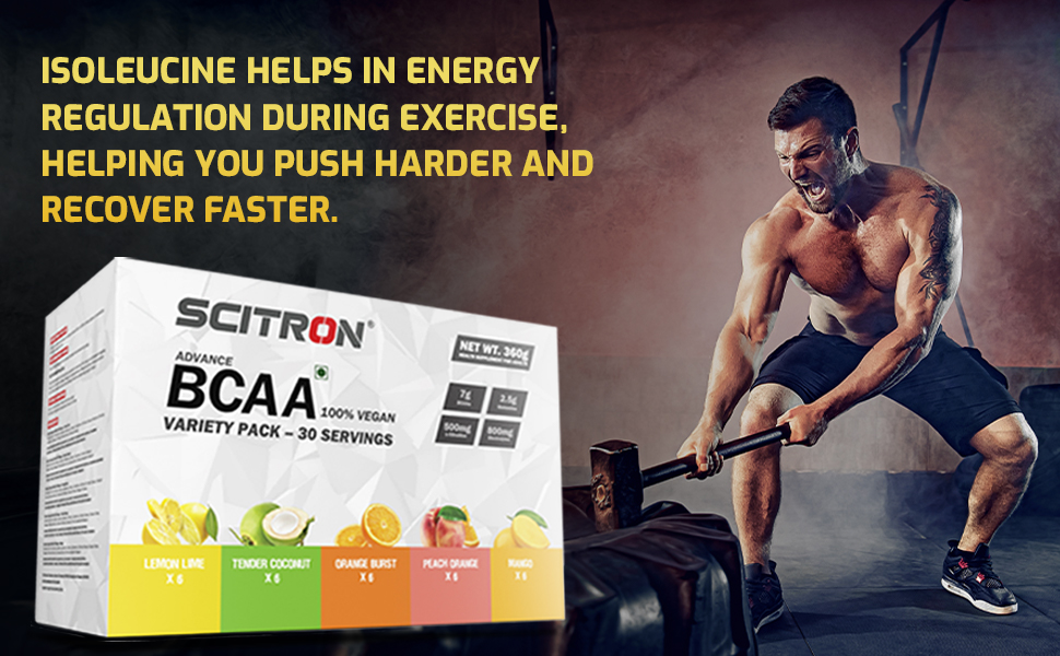 Scitron Advanced 100% VEGAN BCAA Variety Pack | Build Lean Muscle, Recover Faster | 5 Flavours Variety Box – 30 Servings (6 Single Servings of each flavour - Lemon Lime, Tender Coconut, Orange Burst, Peach Orange, Mango)