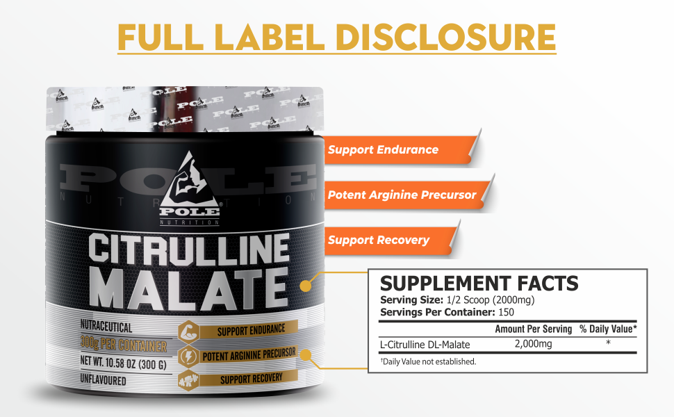 Pole Nutrition Citrulline Malate - Unflavored 300g | Boost Endurance & Recovery | Premium Nitric Oxide Support