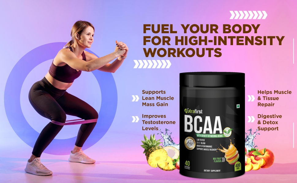 Nutrafirst Natural BCAA Powder for Men (400g, 40 Servings) – Mixed Fruit Flavor | 2:1:1 Ratio of Leucine, Isoleucine & Valine | Pre, Intra & Post Workout Recovery | Supports Muscle Growth – Pack of 1