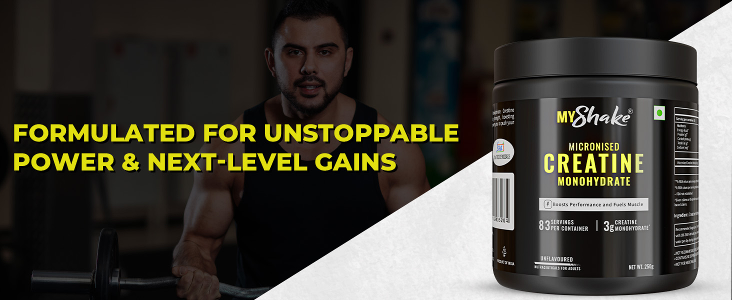 MyShake Micronised Creatine Powder - 250gm (83 Servings) | 3g Creatine Monohydrate Per Serve | Rapid Absorption, Boost Strength & Fuels Muscle | Supports Athletic Performance & Power