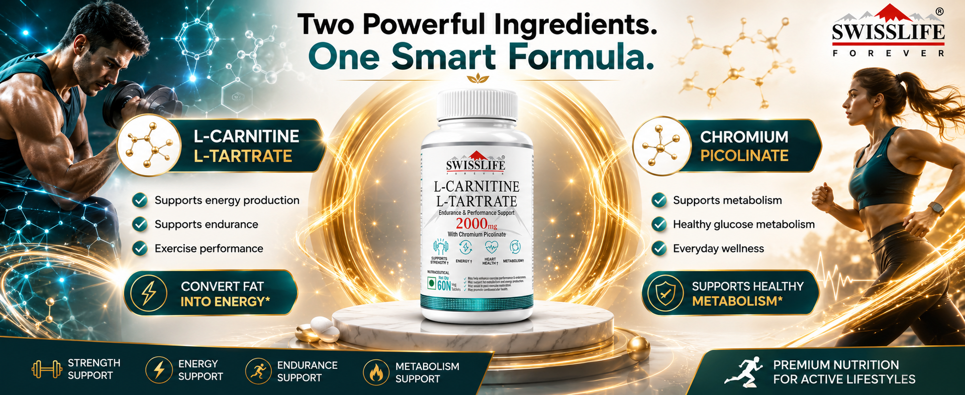 Swisslife Forever | L-Carnitine L-Tartrate 2000mg Tablets for Fat Metabolism & Energy Support | Chromium Picolinate for Weight Management, Endurance & Recovery | 60 Vegan Tablets