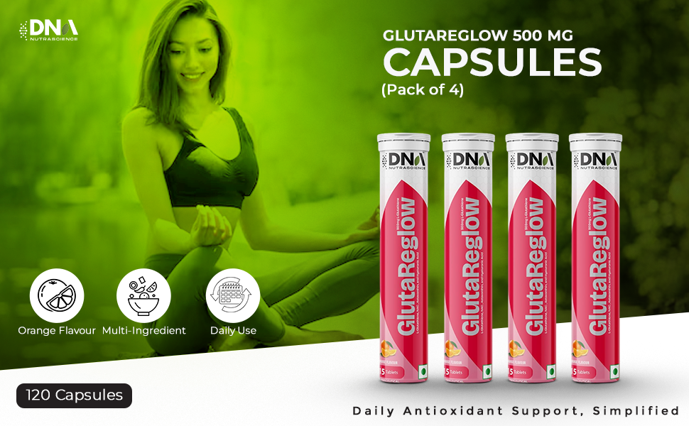 GlutaReglow 500 mg L-Glutathione Reduced with NAC, Astaxanthin, Hyaluronic Acid, Vitamins C B3 B6, 60 Effervescent Tablets (Pack of 4)