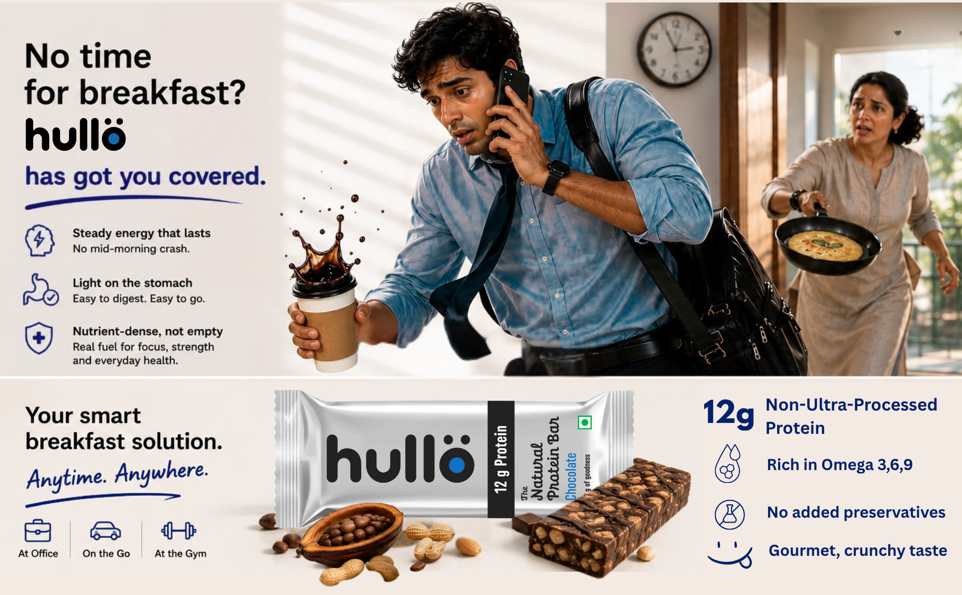 Hullo The Natural Protein Bar | High Fiber & Rich in Omega 3, 6, and 9 | Healthy Snack for Gym, Office & Travel | Dairy Free, Soy Free & Non Ultra Processed (Pack of 6, Chocolate)