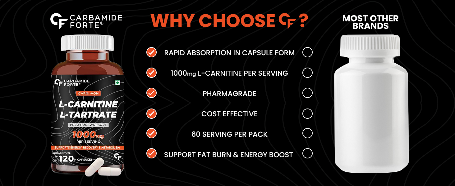 Carbamide Forte L-Carnitine L-Tartrate 1000mg Capsules for Men & Women | Pre Workout Supplement - 120 Veg Capsules (Pack of 2)