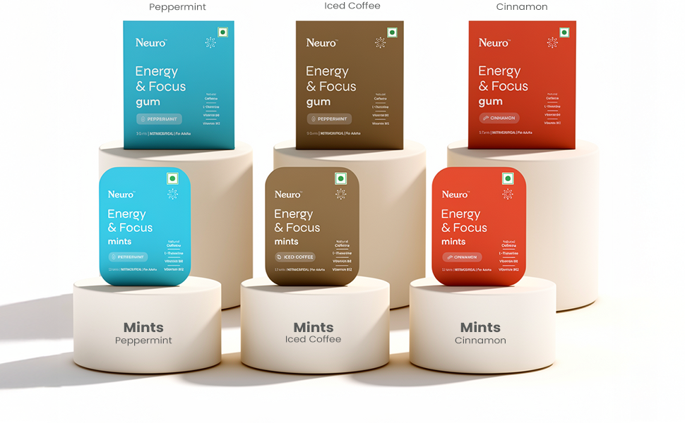 Neuro Energy & Focus Mints - Assorted Pack of 3| Quick Energy Boost & Enhanced Focus | Natural Caffeine + 60 mg L-Theanine + Vitamin B6 & B12 | No Added Sugar | Aspartame Free | 36 Mints