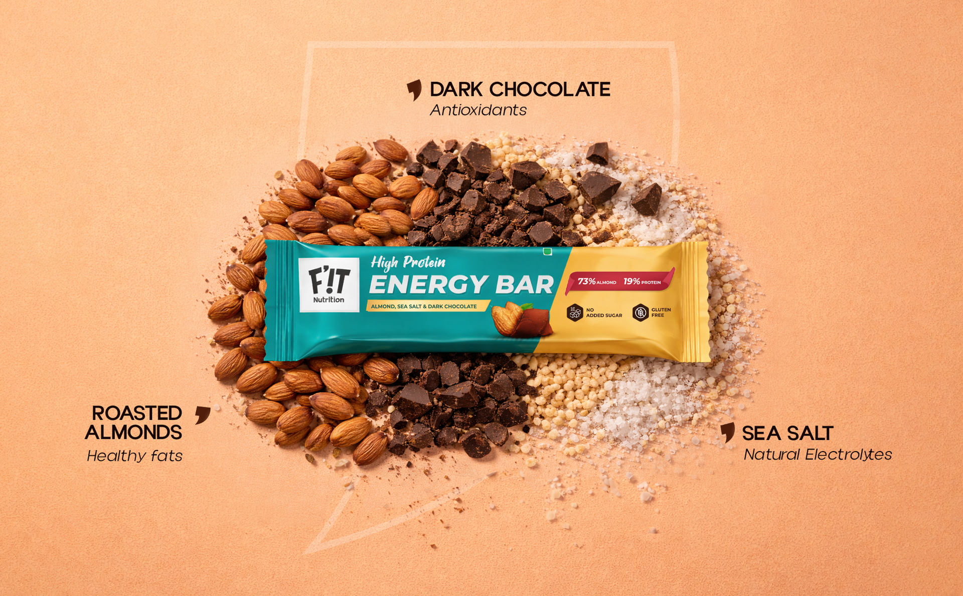 FiT Nutrition High Protein Energy Bar - Almond, Sea Salt & Dark Chocolate | 73% Almonds + Sea Salt - Tastes Like A Treat | No Added Sugar, No Artificial Flavours, Gluten Free - Healthy & Tasty Snack For Kids & Adults (4 x 35gm)