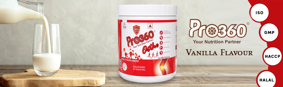 Pro360 Ortho Bone and Joint Care Supplement Nutrition Powder with Glucosomine Chondroitin MSM Collagen Peptides Boswellia Serrata Hyaluronic Acid - Diabetic Friendly - Vanilla Flavour, 250g (Nonveg)