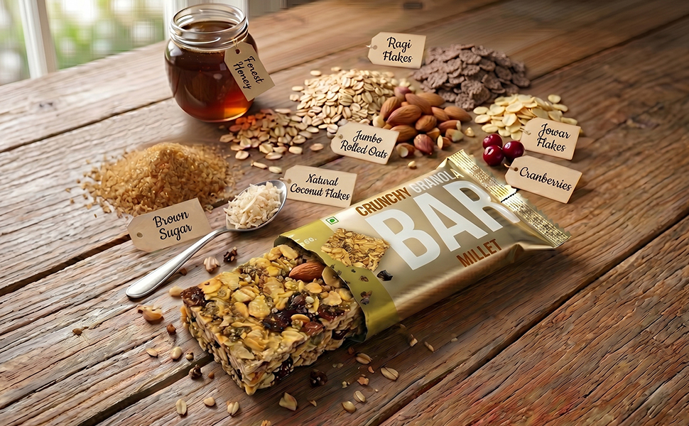 NUEATS co. Crunchy Granola Bar Millet Nutritious Millet Snack with Oats, Nuts & Seeds Healthy Energy Bar for Work, Gym, Travel & Everyday Active Lifestyle Fuel Pack of 5
