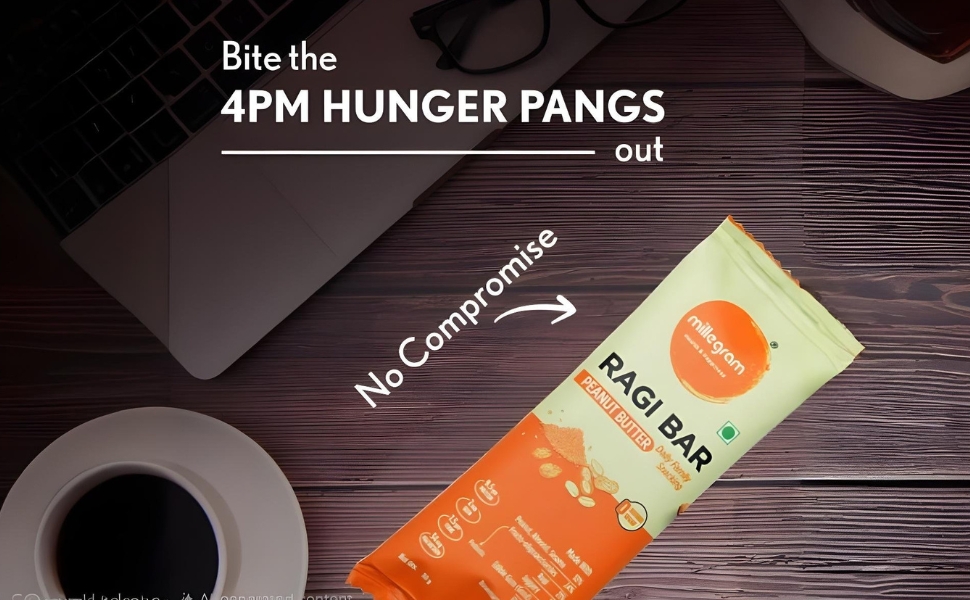 Millegram Ragi Bars Peanut Butter Flavour 30g - Pack Of 6 | Protein 9.5, Fibre 7.5, Magnesium, Iron, Goodness of Ragi, Peanut Butter, Jaggery Almond & Cow Ghee. Gluten-Free Snack with No Added Refined Sugar, Preservatives