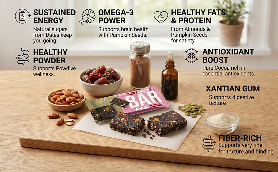 NUEATS co. Chewy Energy Bar Almond Cocoa Nut & Seed Snack Bar with Rich Cocoa Flavor, Crunchy Almonds & Chewy Texture On-the-Go Healthy Energy Snack for Workouts, Travel & Daily Nutrition Pack of 6