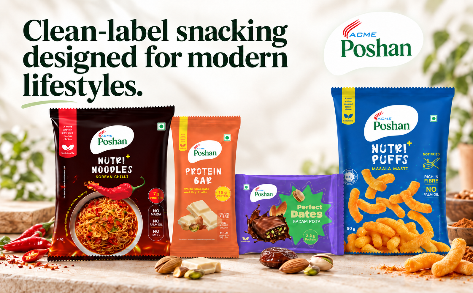 ACME Poshan Snack Variety Pack, White Chocolate & Dry Fruits Protein Bar, Nutri+ Noodles Korean Chilli, Nutri+ Puffs Spicy Fusion, High Protein, No Palm Oil, No MSG Healthy Snacks Combo, Pack of 3 (170g Total)