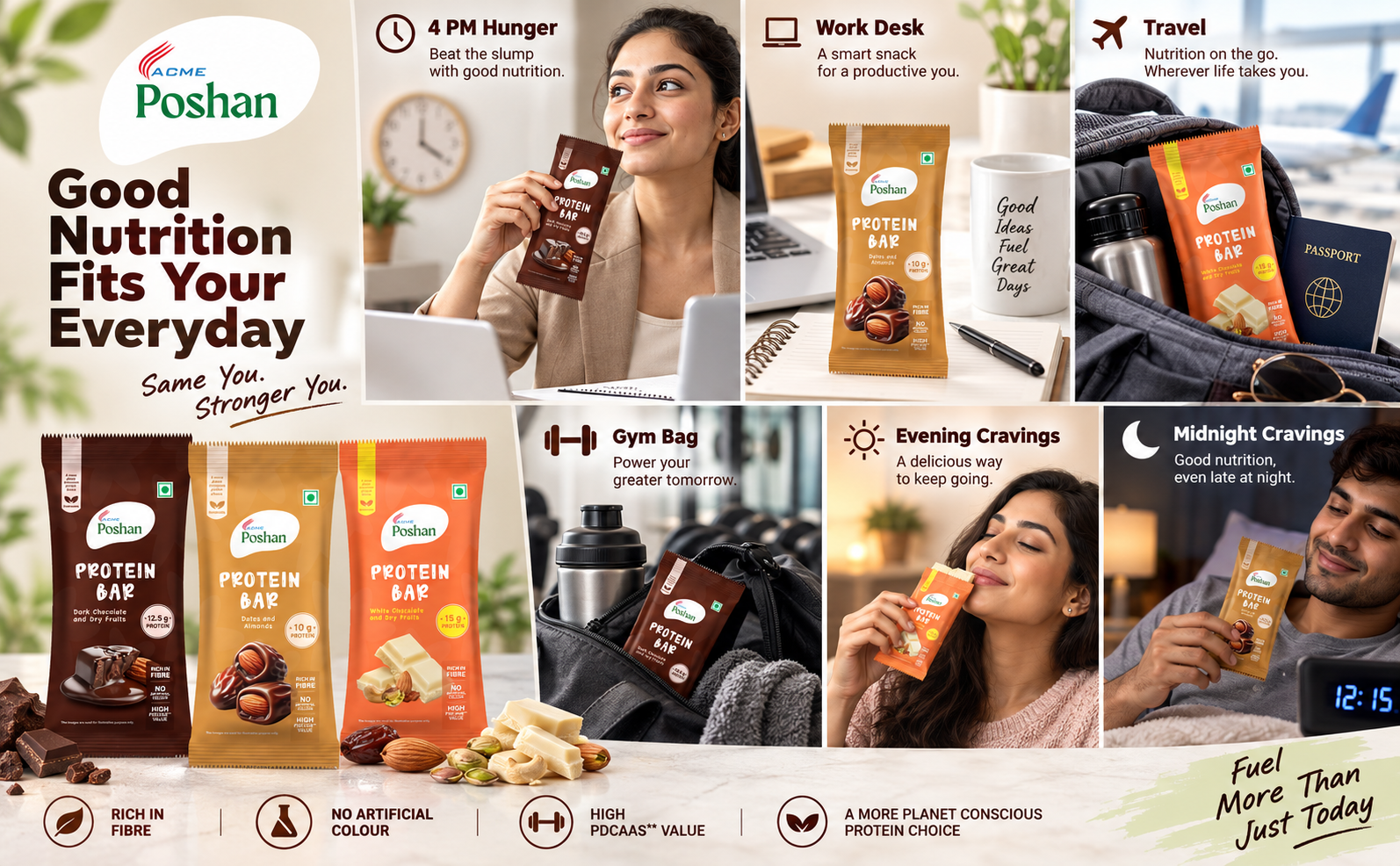ACME Poshan Protein Bars, No Artificial Colour, Rich in Fibre, High PDCAAS Protein Snack Bar, Dark Chocolate & Dry Fruits, Dates & Almonds, White Chocolate & Dry Fruits, Pack of 6