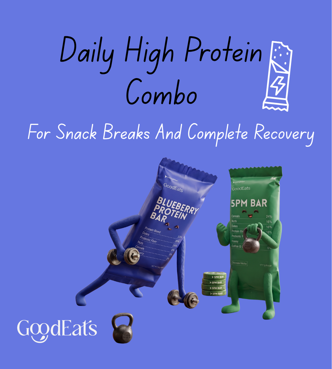 GOODEATS HIGH PROTEIN COMBO: 17.7g Protein (Per 50g Bite) + 23.2g Protein (Per 65g Bar) | Low Added Sugar (<0.4g & 0.5g) | Nuts & Seeds + Oats & Jowar | With Prebiotic Fiber | Whey Concentrate + Soya Isolate | No Artificial Preservatives | 50g x 5 & 65g x 4