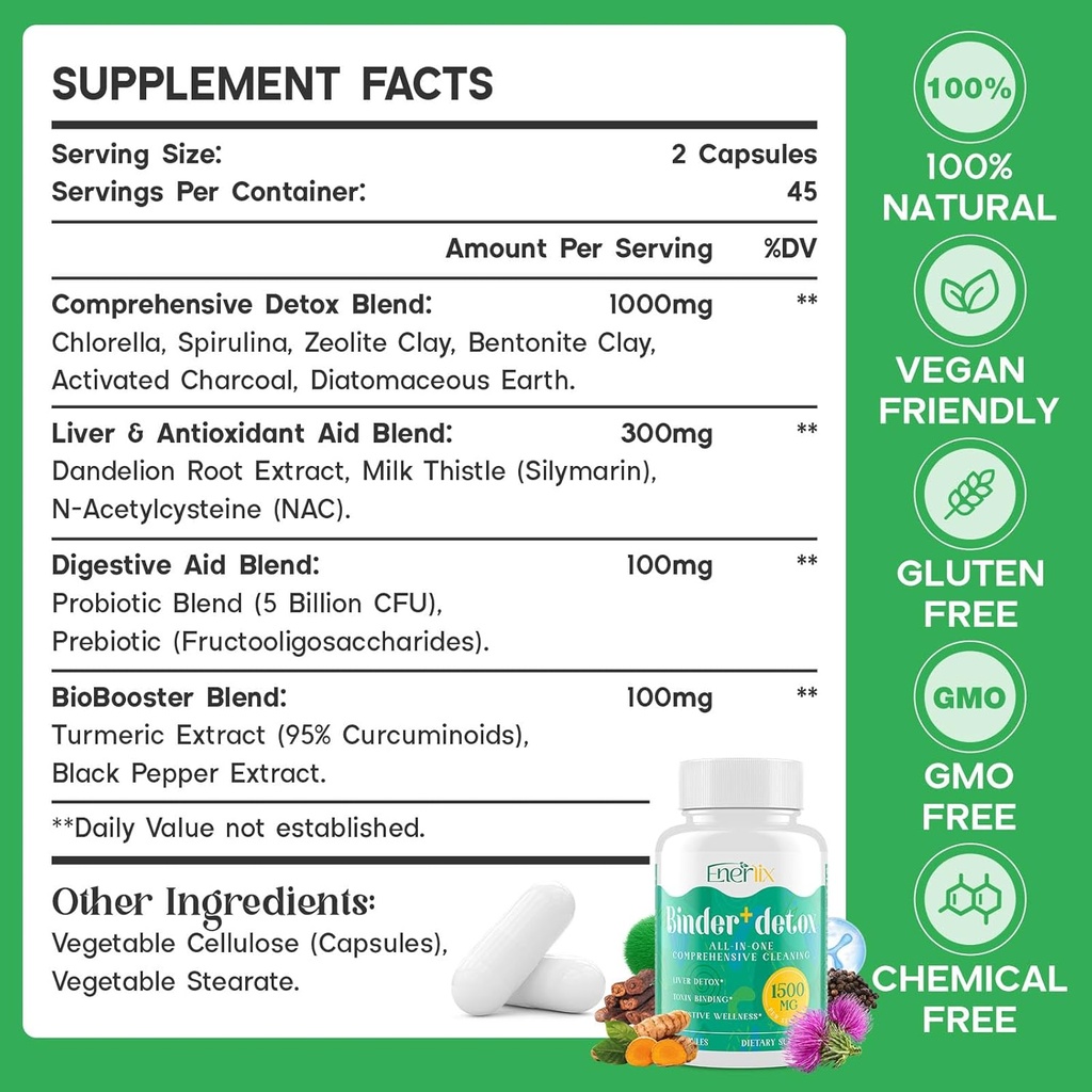 15-in-1 Detox Binder, Activated Charcoal, Zeolite & Bentonite Clay, Chlorella, 1500 MG Detox Supplement Maximum Absorbent, Liver Gut Digestive Detox Cleanse, 180 Vegan Capsules 3