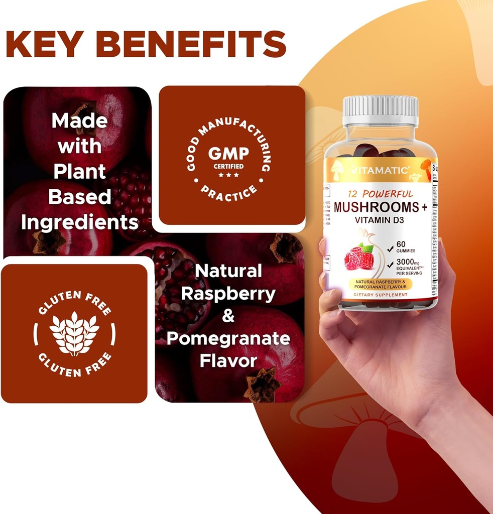 Vitamatic Mushroom Complex with D3, 60 Pectin Based Gummies, (Pack of 2) 6