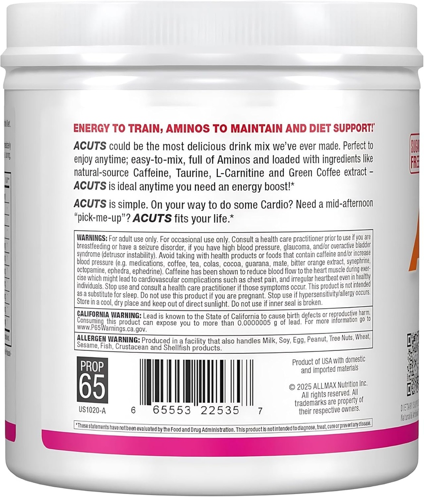 ALLMAX Nutrition AMINOCUTS (ACUTS), Amino-Charged Energy Drink with Taurine, L-Carnitine, Green Coffee Bean Extract, Pink Lemonade, 30 Servings 3