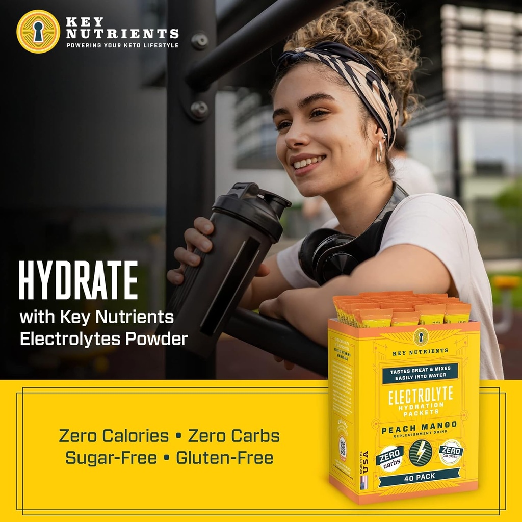 KEY NUTRIENTS Multivitamin Electrolytes Powder Packets - Tropical Peach Mango Post Workout and Recovery 40 Pack Hydration Packets - No Sugar, No Calories - Travel Hydration Powder 3