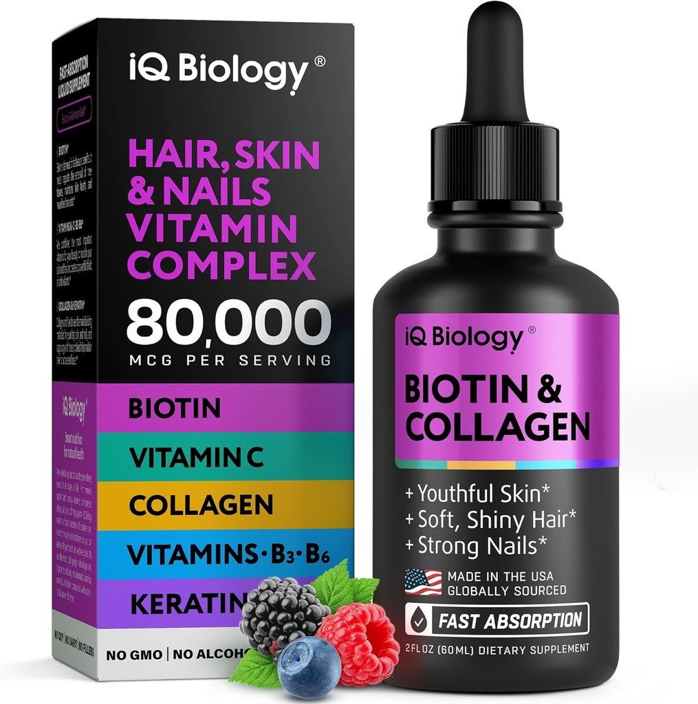 Liquid Biotin for Hair Growth, Skin & Nails - 80,000 mcg Hair Vitamins Drops - Extra Strength Biotin 5000mcg, Collagen, Keratin with Hyaluronic Acid - Multivitamin Supplement for Women & Men - 2 fl oz 2