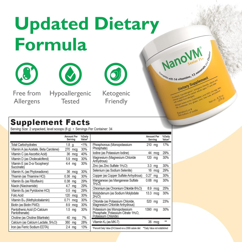 Senior 71+, Allergen-Free Vitamin Supplements, Unflavored Multivitamin Powder with 14 Vitamins & 13 Minerals, Low-Carbohydrate Mineral Supplements, 275g - Solace Nutrition 3