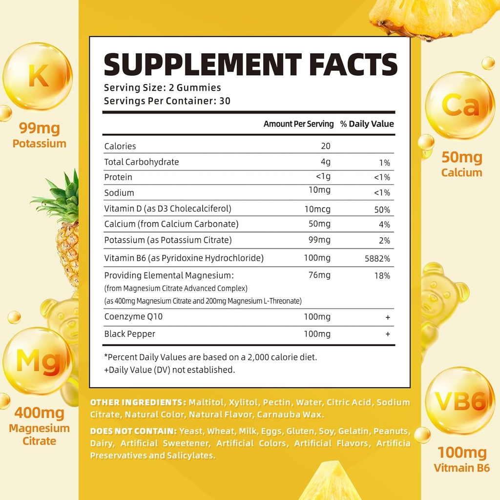 softbear Potassium Gummies for Adults, Sugar-Free Potassium Magnesium Supplement with Vitamin B6 CoQ10 for Leg Cramps Muscle Health Vegan Pineapple Flavor 60 Gummies 3