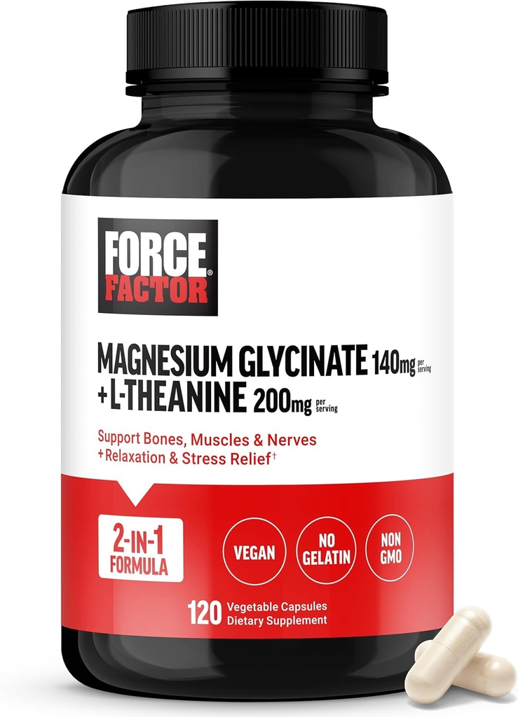 Force Factor Magnesium + L-Theanine, Magnesium Bisglycinate Supplement to Support Bones, Muscles, Nerves, Relaxation, and Mood, Vegan, No Gelatin, Non-GMO, 120 Vegetable Capsules 2