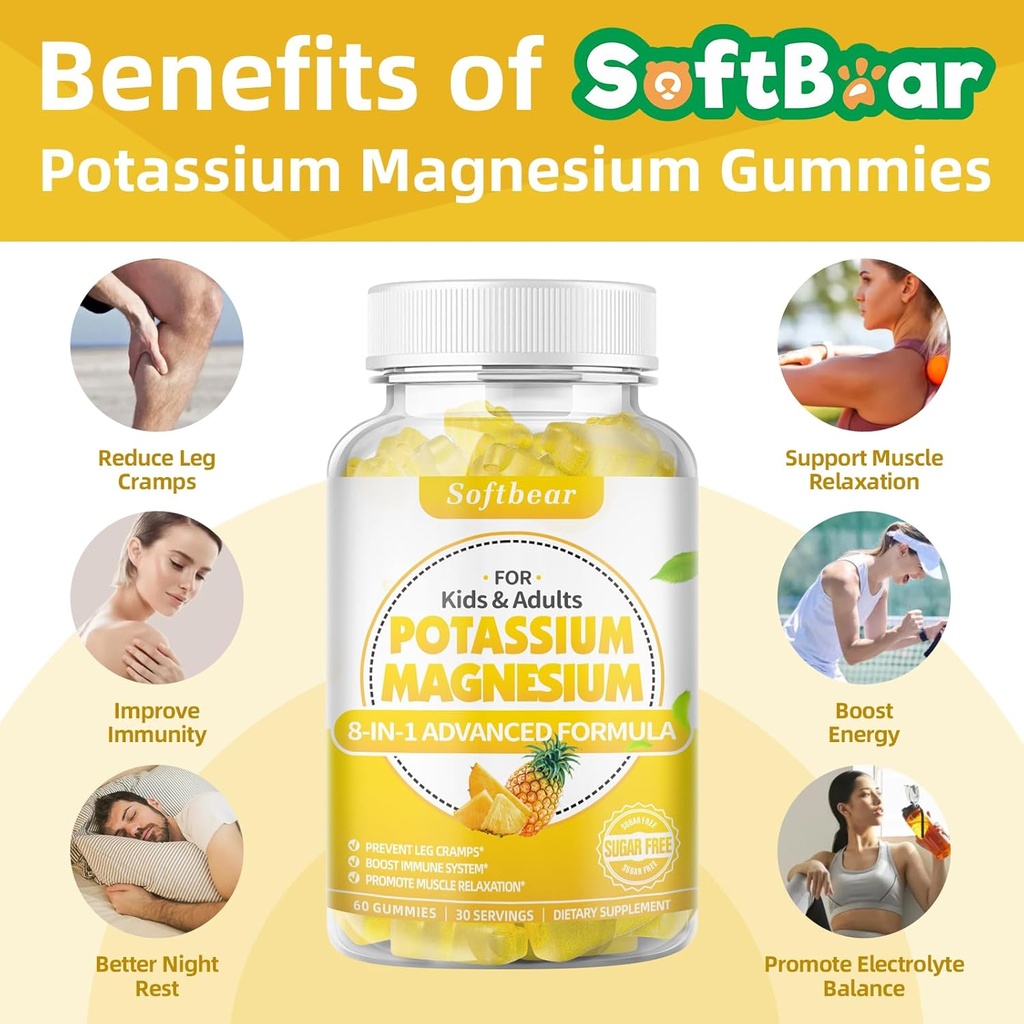 softbear Potassium Gummies for Adults, Sugar-Free Potassium Magnesium Supplement with Vitamin B6 CoQ10 for Leg Cramps Muscle Health Vegan Pineapple Flavor 60 Gummies 4
