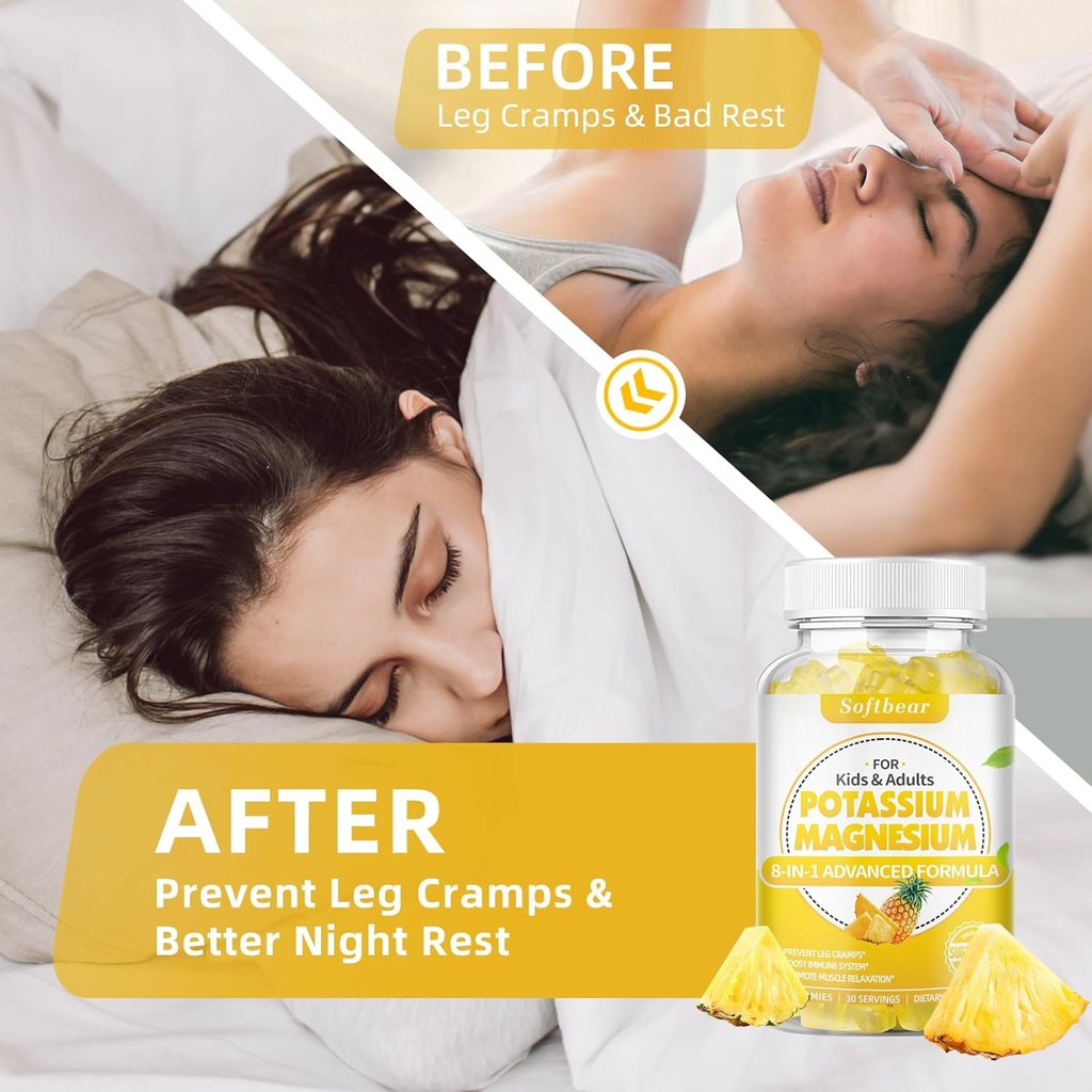 softbear Potassium Gummies for Adults, Sugar-Free Potassium Magnesium Supplement with Vitamin B6 CoQ10 for Leg Cramps Muscle Health Vegan Pineapple Flavor 60 Gummies 5