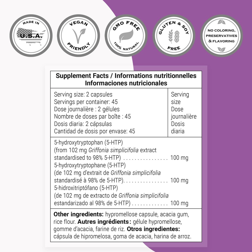 Supersmart 5-HTP 100mg per Day (High Purity) - 98% 5-HTP Supplement - Griffonia Simplicifolia Extract - 5-HydroxyTryptoPhan | Non-GMO & Gluten Free - 90 Vegetarian Capsules 5