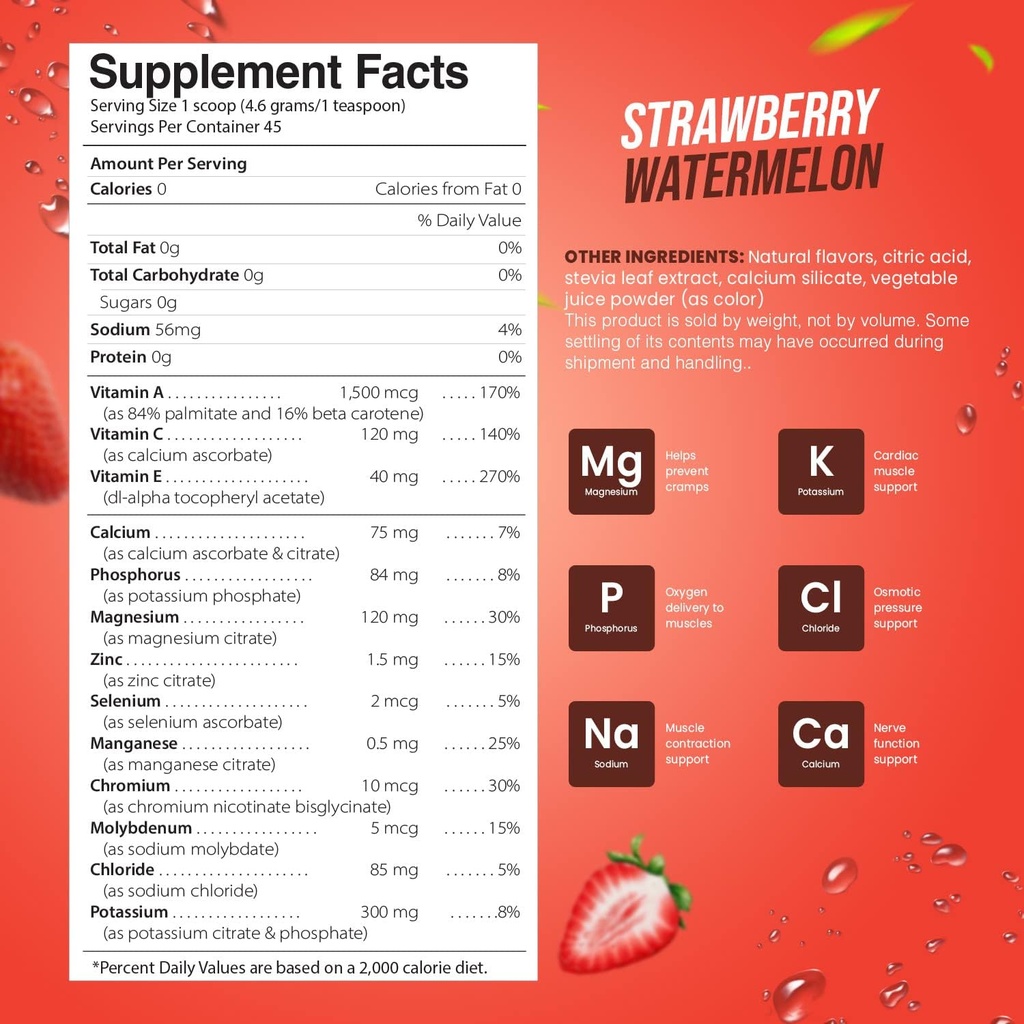 Electrolyte Powder - Refreshing Workout Recovery Electrolytes, Sugar Free, Gluten Free & Vegan, Pure Keto & Paleo Hydration Beverage, Immune Boosting Vitamins (198 Grams, Strawberry Watermelon) 3