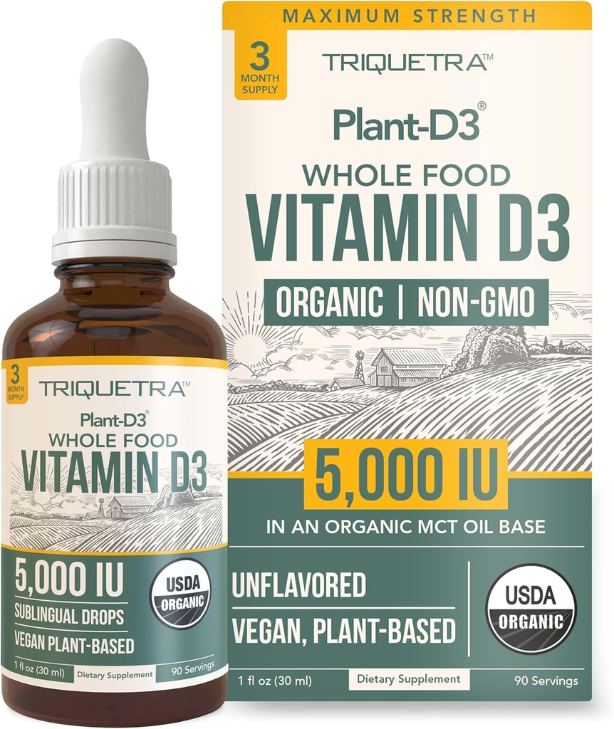 Plant-D3 Organic Vitamin D3 5000 IU - Vegan, Max Strength Sublingual Liquid D3 Drops - 200% Higher Absorption - 100% Plant-Based Cholecalciferol Form - Adjustable Dosing for All Ages (1oz Liquid) 2