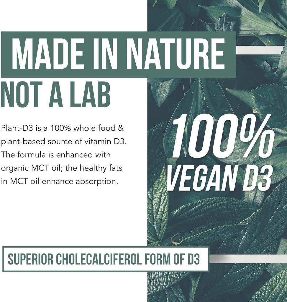 Plant-D3 Organic Vitamin D3 5000 IU - Vegan, Max Strength Sublingual Liquid D3 Drops - 200% Higher Absorption - 100% Plant-Based Cholecalciferol Form - Adjustable Dosing for All Ages (1oz Liquid) 5