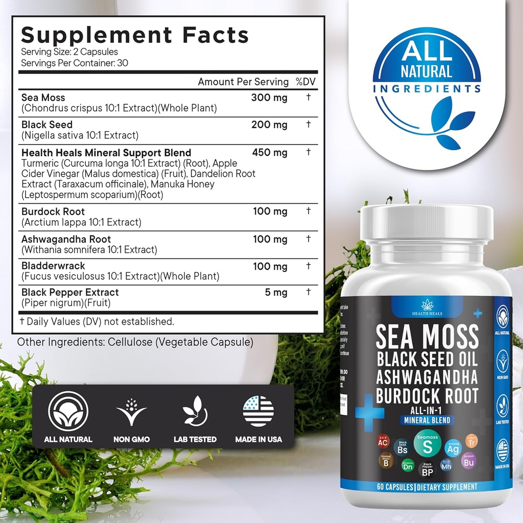 Silicon Sea Moss Black Seed Oil Ashwagandha Bladderwrack Burdock - 180 Count 3