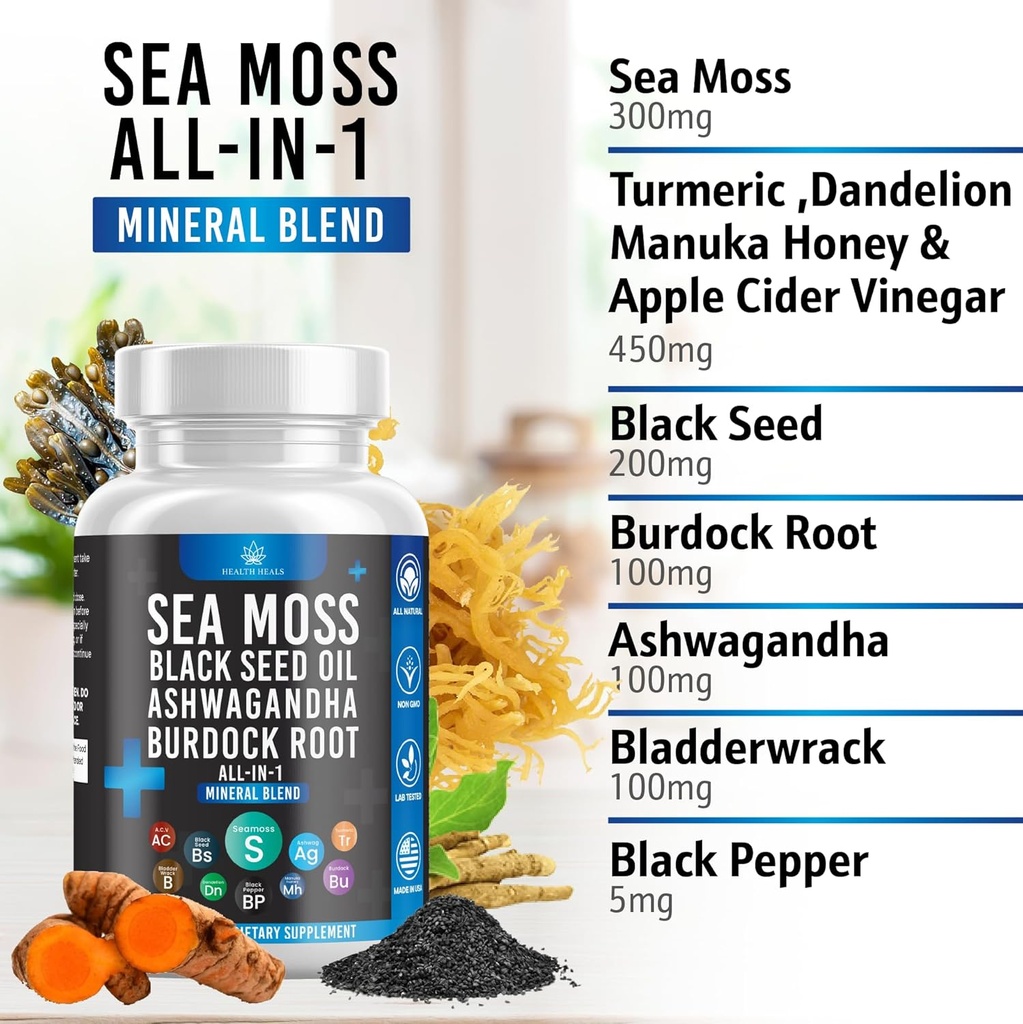 Silicon Sea Moss Black Seed Oil Ashwagandha Bladderwrack Burdock - 180 Count 4
