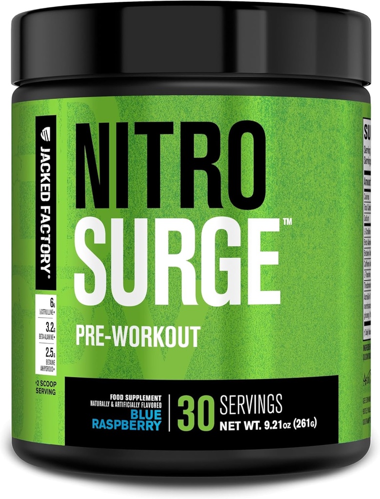 Jacked Factory NITROSURGE Pre Workout Supplement - Energy Booster, Instant Strength Gains, Clear Focus & Intense Pumps - NO Booster & Powerful Preworkout Energy Powder - 30 Servings, Blue Raspberry 2