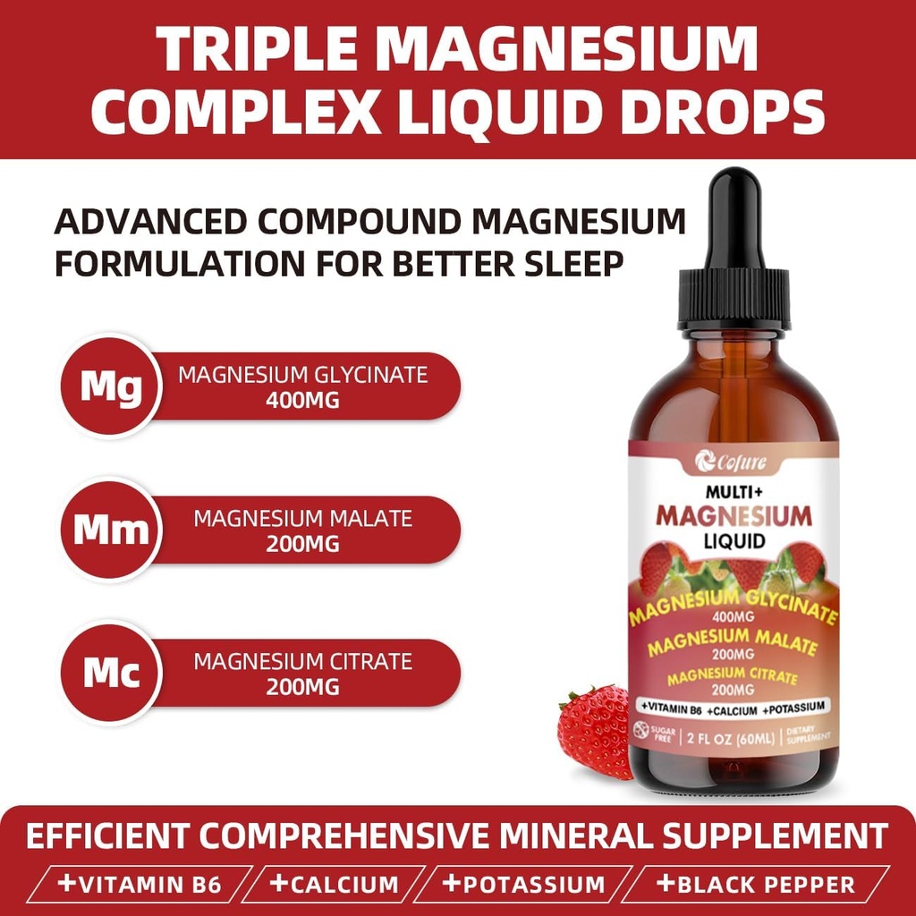 Triple Magnesium Complex 900 mg Liquid, Magnesium Glycinate, Citrate, Malate with Potassium, Calcium, Vitamin B6 for Adults - Vegan, Non-GMO, Gluten Free - 2 Fl Oz 4