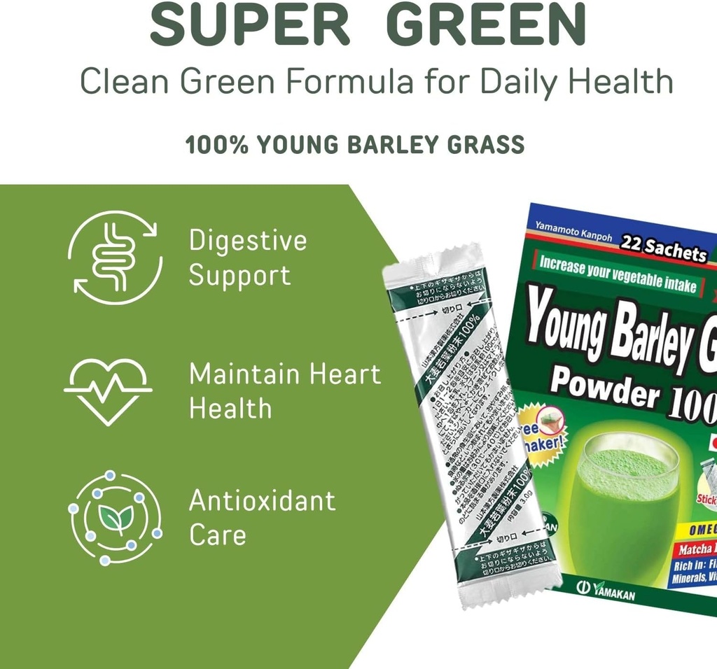 Yamamoto Kanpoh YAMAKAN Barley Grass Juice Powder, Young Barley Grass Powder Rich in Minerals, Vitamins & Plant-Based Protein for Women & Men, Grass Juice from Japan, Non GMO 22 Count 5