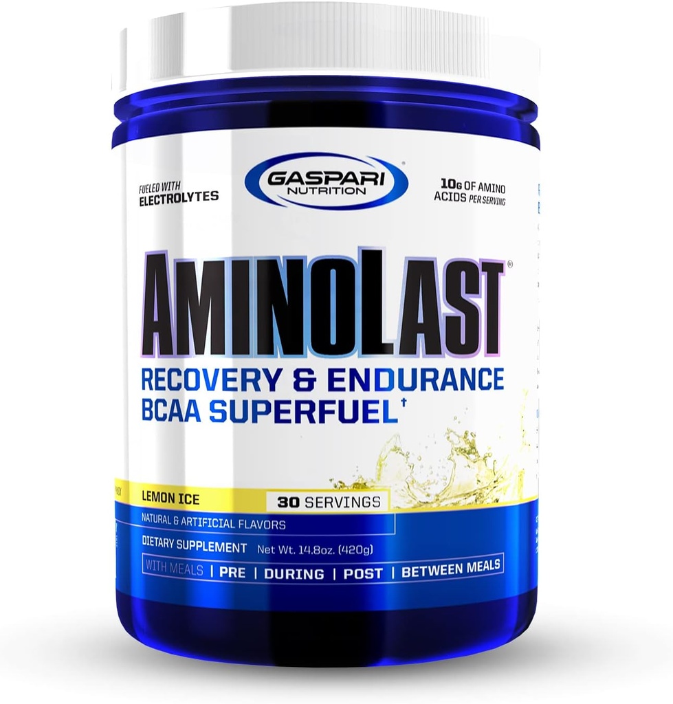 Gaspari Nutrition Aminolast, Recovery and Endurance BCAA Superfuel, 2:1:1 Amino Acid Ratio, Fueled with Electrolytes (30 Servings, Lemon Ice) 2