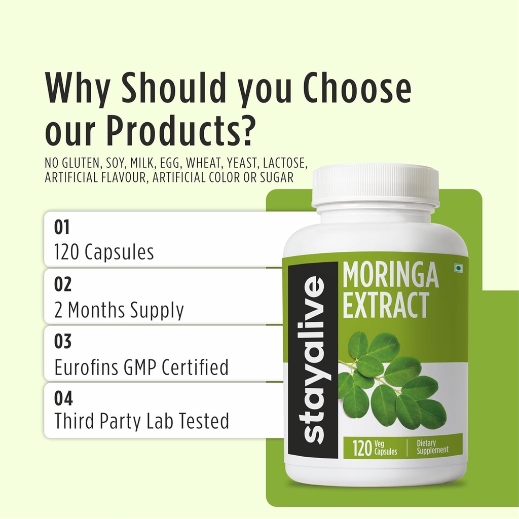 STAY ALIVE Moringa Capsules 1000mg, 20:1 Extract, 120 Pills, Green Superfood with Extra Strength, 100% Pure Oleifera Leaf Powder, 2 Months Supply, All Natural, Non-GMO & Gluten Free Moringa Supplement 6