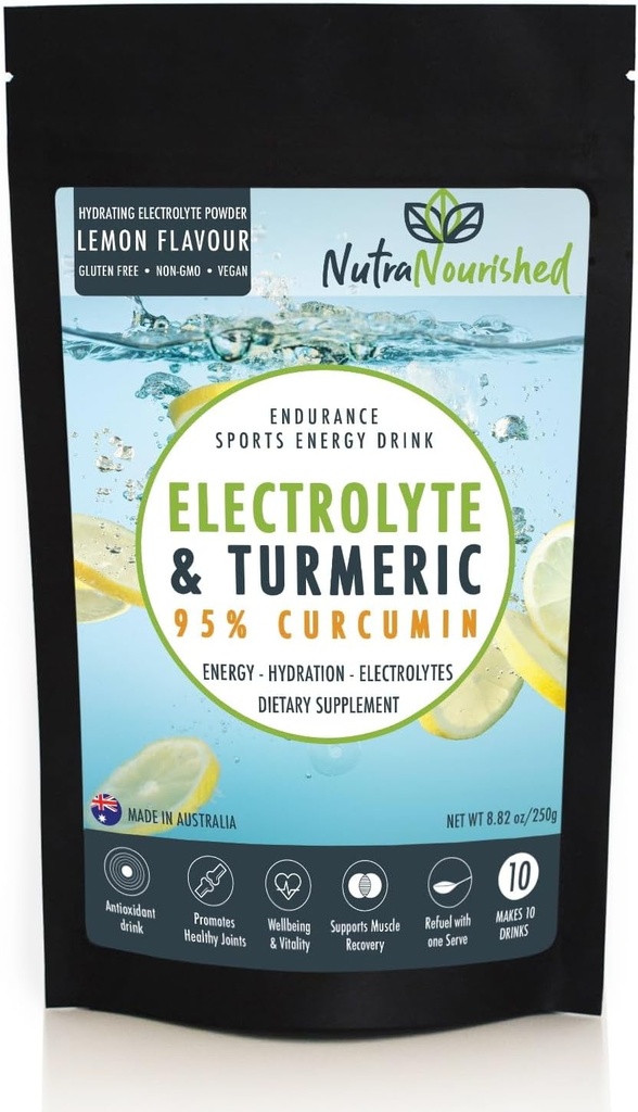 Electrolyte Powder Infused with 95% Pure Organic Curcumin from Turmeric - Sports Energy Drink Mix - Hydration Powder Sugar Free - Lemon Flavor Turmeric Drink - 250g 2