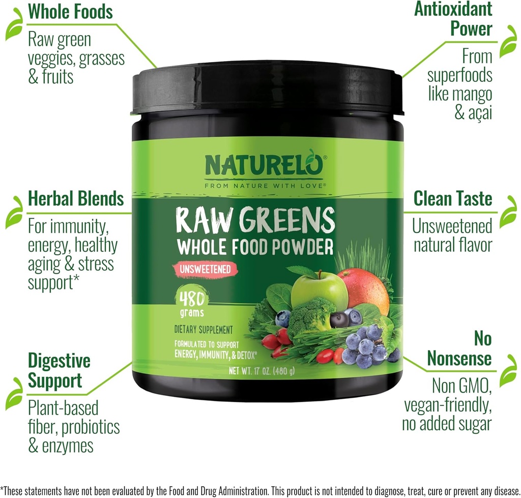 NATURELO Raw Greens Superfood Powder - Unsweetened - Boost Energy, Detox, Enhance Health - Organic Spirulina - Wheat Grass - Whole Food Nutrition from Fruits & Vegetables - 480 Grams 3